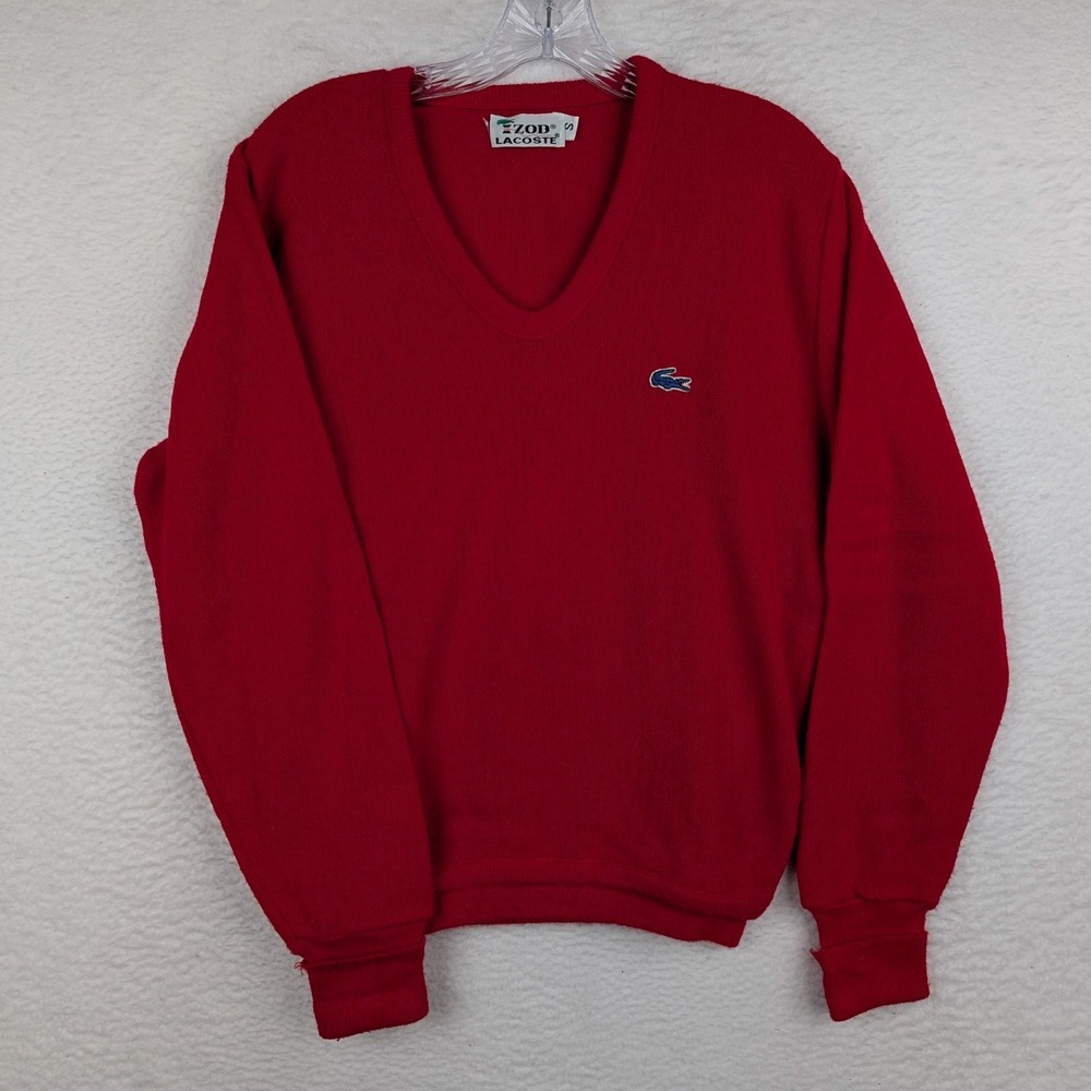 Vintage 80s IZOD Lacoste Red V-Neck Sweater Size Small Acrylic